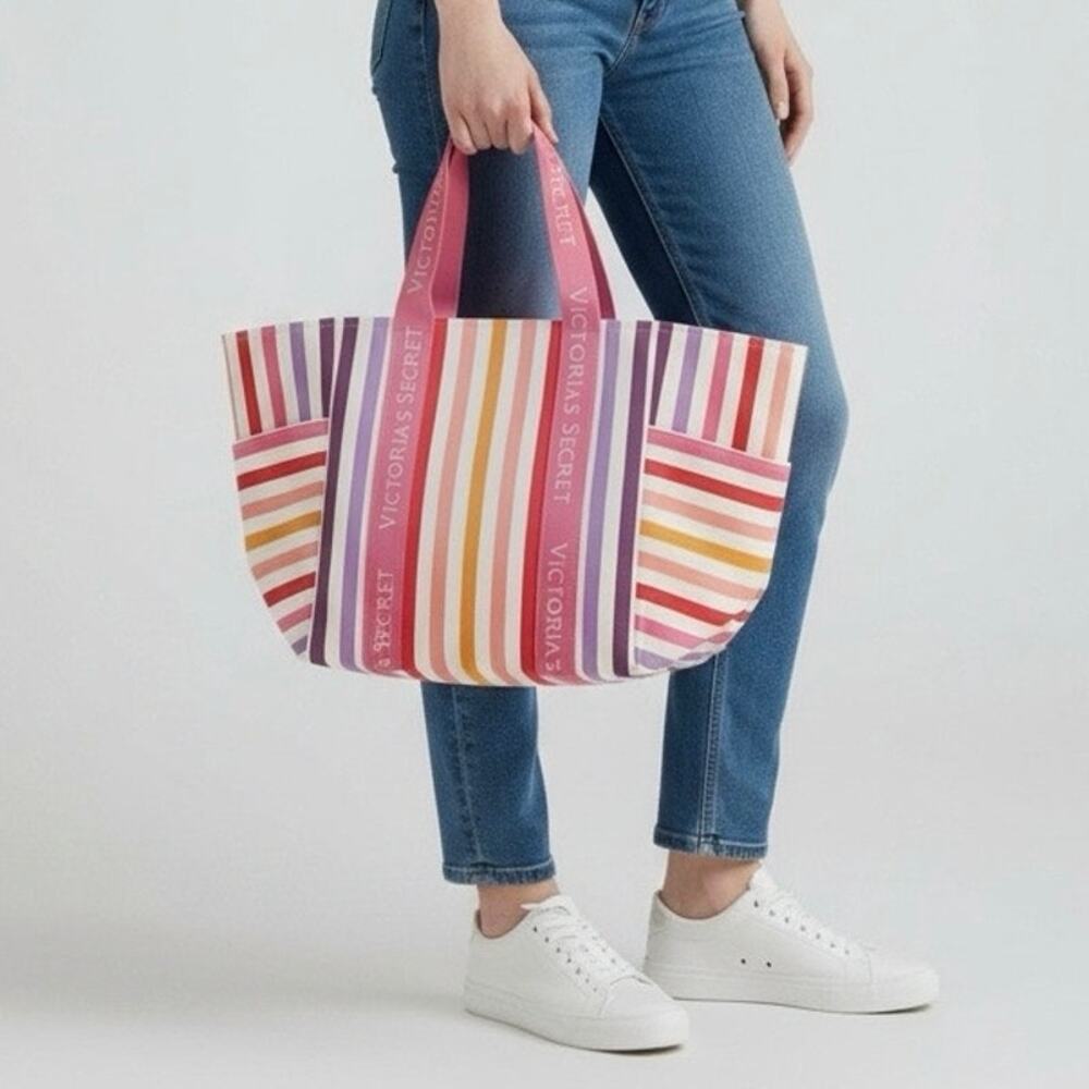 NWT Victoria's Secret Multicolor Striped Canvas Beach Tote Bag Large Summer - Picture 2 of 10